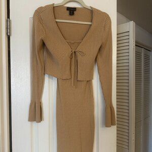 House of Harlow 1960 Two-Piece Dress Cardigan Bodycon - Camel/Tan - Size S